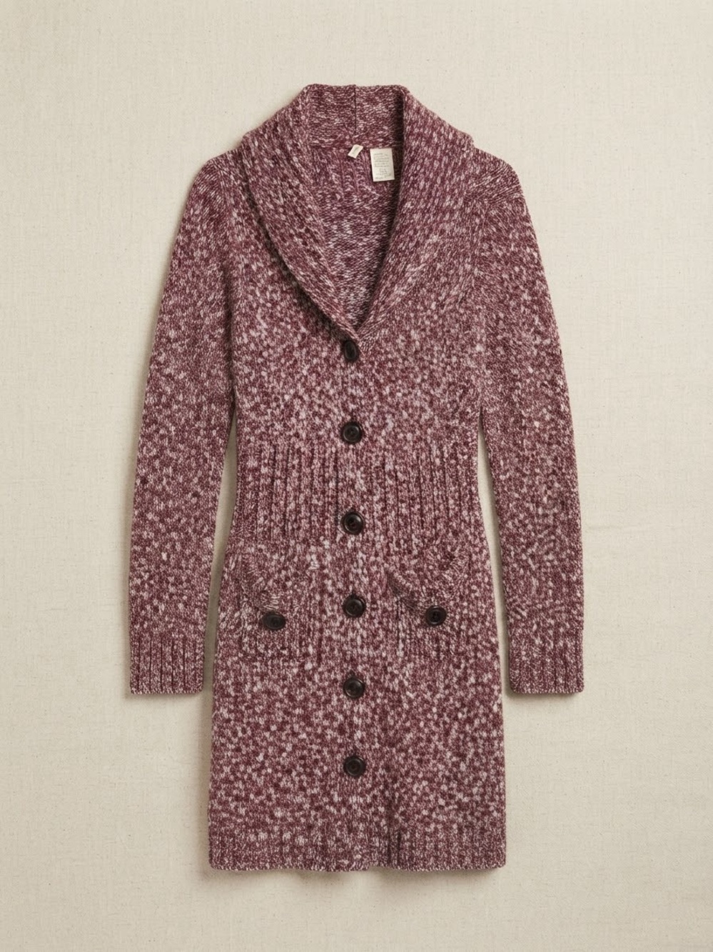 Anthropologie Moth Marled Burgundy White Long Button Cardigan Sweater Sz L